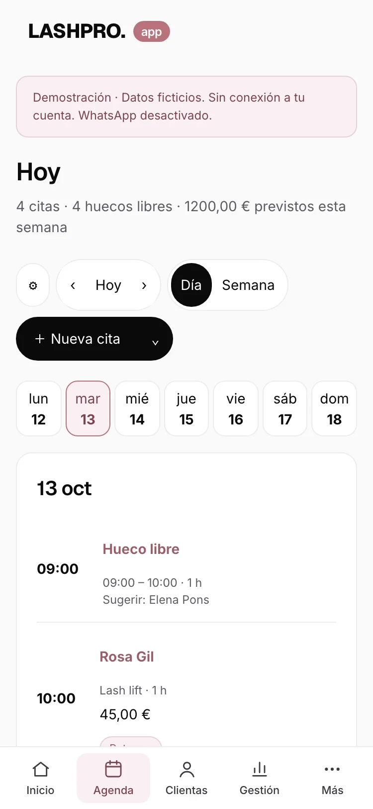 Agenda de LASHPRO. en el móvil, demostración con datos ficticios