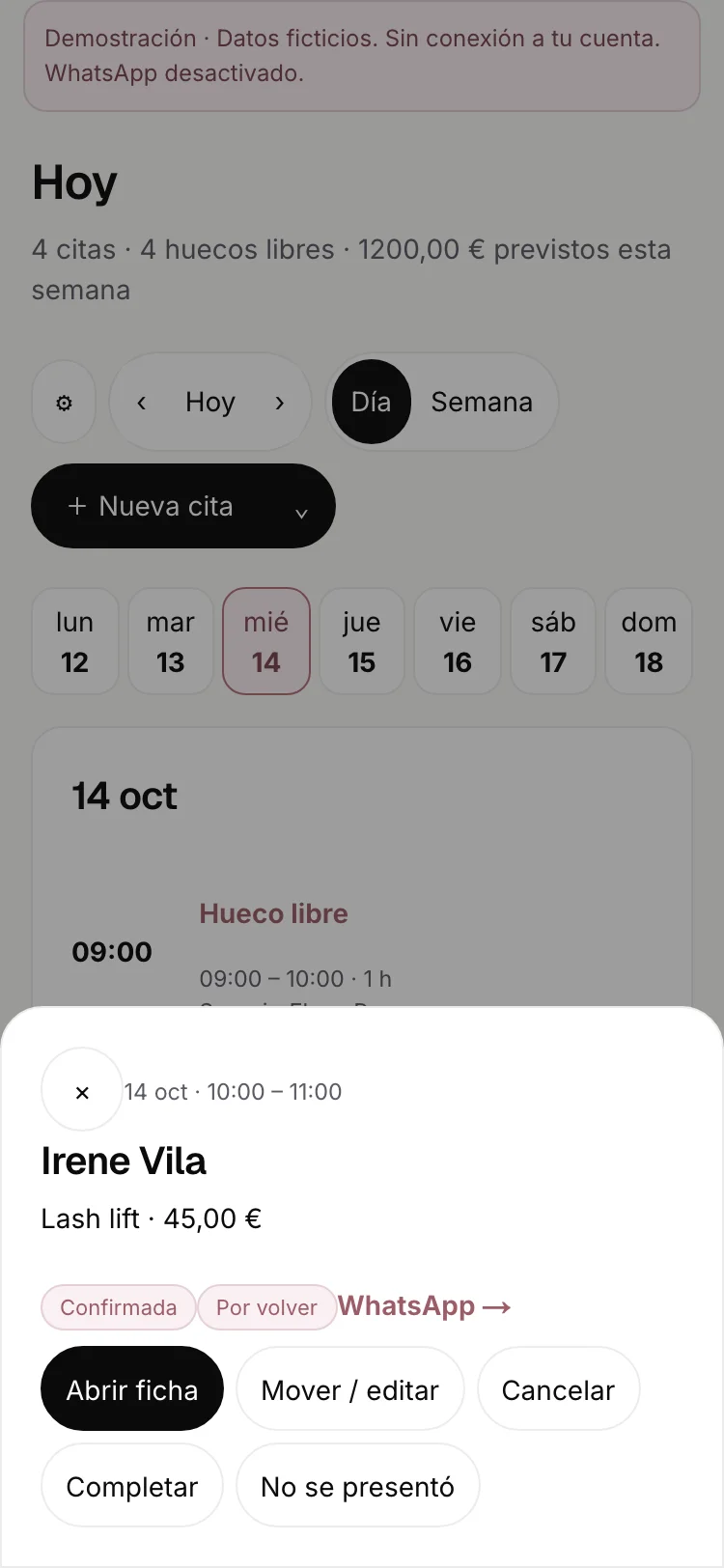 Detalle de una cita y sus acciones (datos ficticios)