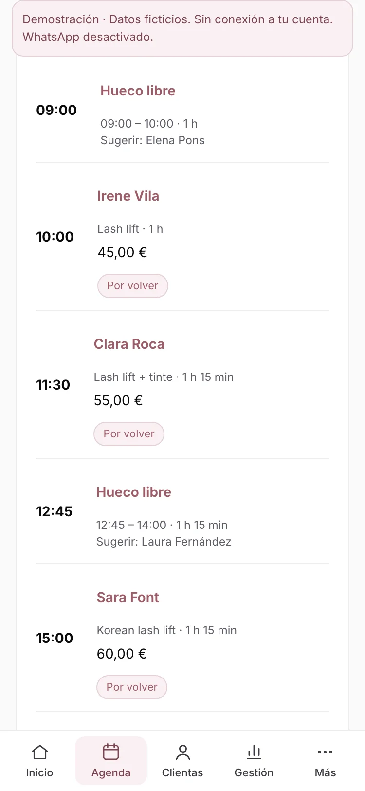 Agenda en vista de día (datos ficticios)