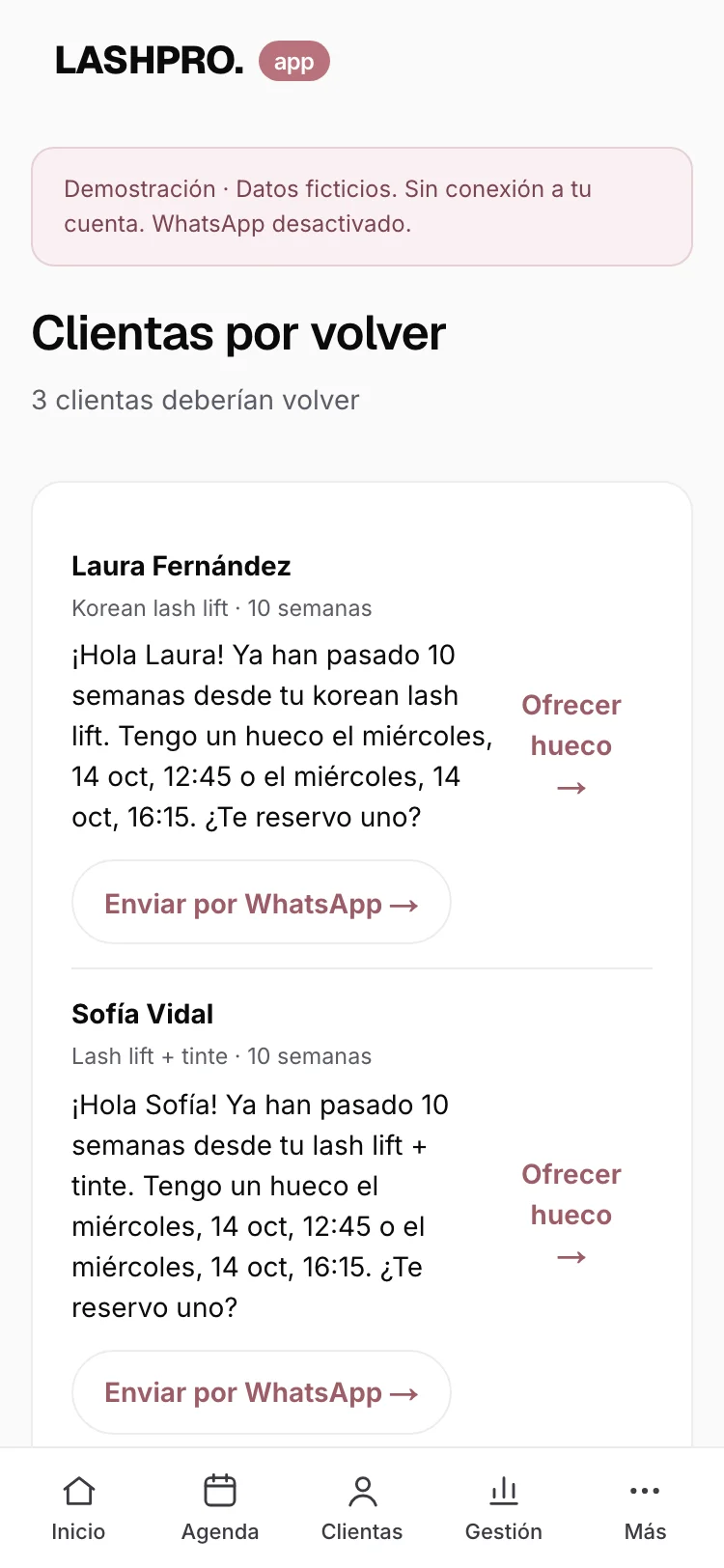Clientas por volver (datos ficticios)